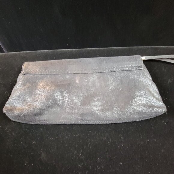 Guess Black Faux Suede Clutch Silver Croc Embossed Fold Over Evening Bag Purse
